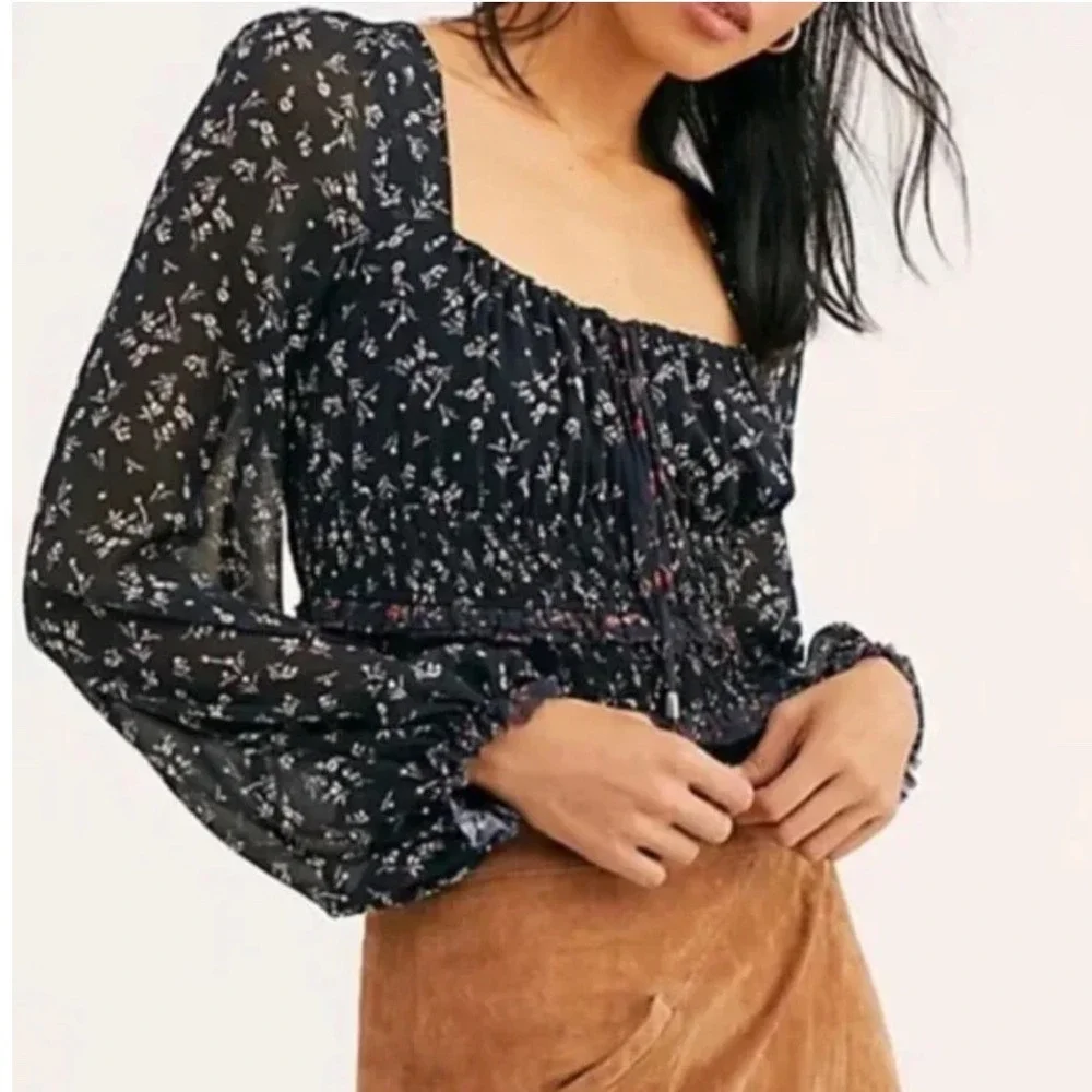 Free People Lolita Floral Blouse Top Womens Size L Black Coquette Milkmaid Boho